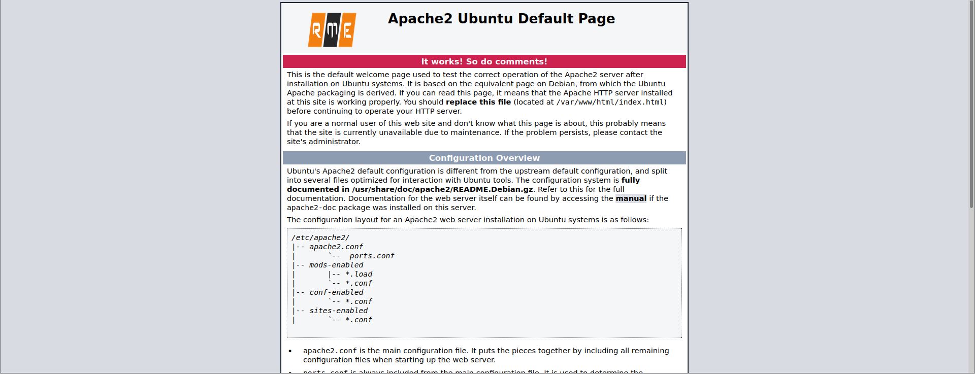 Image of the default apache page with an addition at the top